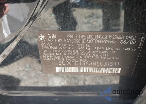 2008 BMW X5 3.0Si из США, поврежденный, VIN 5UXFE43588L031841